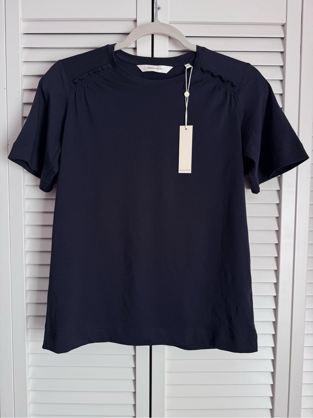 Rebecca Taylor Smock Tee Ruffle Detail Pima Cotton Top Navy XS NWT